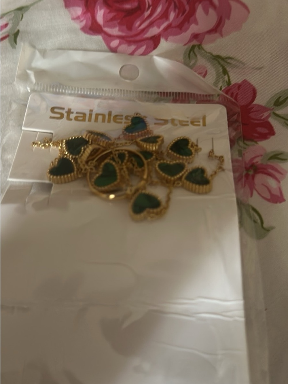 Gold Stainless Steel Necklace with Green Heart Pendants